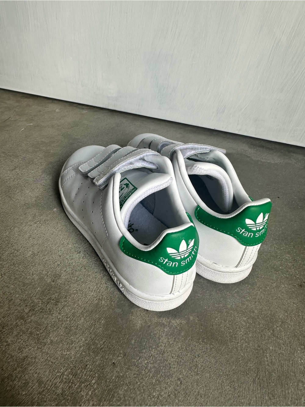 adidas Kids White Sneakers with Green Heel Tabs & Velcro